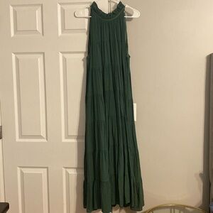 Long green maxi dress with tie back.